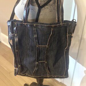 BCBG Max Azria vintage denim handbag distressed leather trim shoulder/crossbody